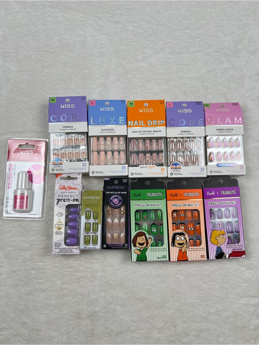Lot of 11 Press On Nail Sets KISS Rude x Peanuts imPRESS + Nail Glue New